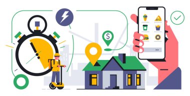 Evinize çevrimiçi yemek servisi. Telefon uygulamasından yemek siparişi ver. Kurye, elektrikli scooter, harita, rota, el, telefon, uygulama, yemek menüsü, kronometre. Vektör illüstrasyonu