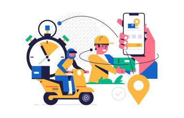 Çevrimiçi paket servis konsepti. Mobil uygulama kavramı. Paket teslimat uygulaması sergilenen el ele tutuşan telefon. Motosikletli kurye ve sipariş kutusu olan kurye. Düz vektör illüstrasyonu