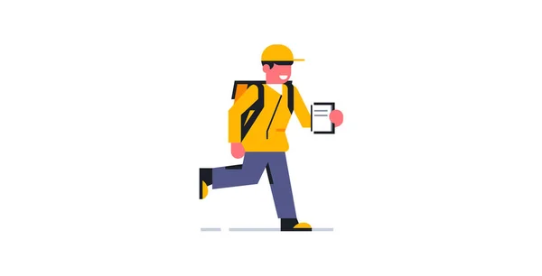 Servicio de mensajería online de comida a domicilio. Mensajero en uniforme de trabajo. Bolsa, mochila, pizza, comida. Ilustración vectorial — Archivo Imágenes Vectoriales