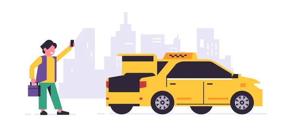 Online taxi objednávání služby. Řidič ve žlutém taxíku, pasažér, převoz lidí. Muž s kufříkem, město, taxík. Vektorová ilustrace izolovaná na pozadí — Stockový vektor