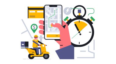Çevrimiçi paket teslimat servisi evinize. Cep telefonu uygulaması üzerinden paketin yerini tespit ediyorum. Telefon, el, uygulama, harita, sokak, adres, banka kartı, scooter, kurye. Vektör illüstrasyonu