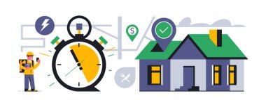 Evinize çevrimiçi yemek servisi. Kuryeyle fast food teslimatı. Kurye, kronometre, ev, harita, adres, GPS, işaret simgesi. Vektör illüstrasyonu