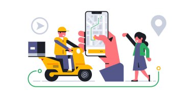 Evinize çevrimiçi yemek servisi. Kurye sipariş adresine yiyecek getiriyor. Şehir, güzergah, telefon, uygulama, el, harita, sokak, GPS, adres, kadın. Vektör illüstrasyonu