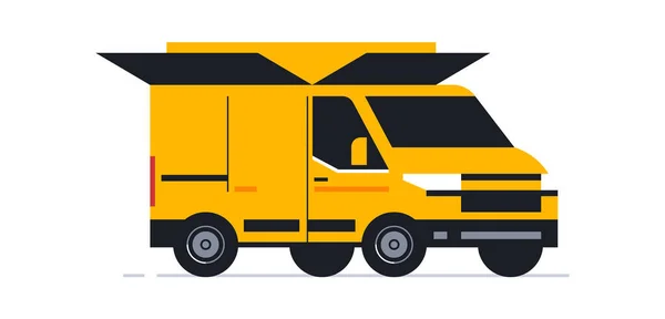 Una furgoneta para un servicio de entrega a domicilio en línea. Transporte para la entrega de pedidos. Van vista frontal, cuerpo en forma de caja abierta. Ilustración vectorial — Vector de stock