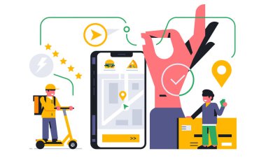 Evinize çevrimiçi yemek servisi. Siparişinizi mobil bir uygulama üzerinden takip ediyorum. Kurye, elektrikli scooter, telefon, uygulama, yemek, menü, banka kartı, el, tamam sembol, rota. Vektör illüstrasyonu