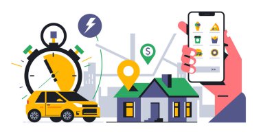 Evinize çevrimiçi yemek servisi. Ev teslimatı için mobil uygulama üzerinden yemek menüsü seçimi. Kronometre, kurye arabası, el, telefon, harita, adres, rota, uygulama. Vektör illüstrasyonu