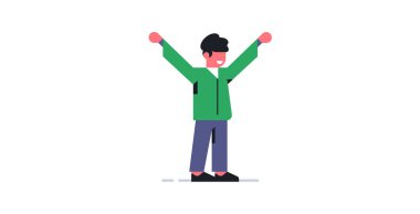 Gülümseyen ve neşeli adam ellerini kaldırır. Vektör illüstrasyonu beyaz arkaplanda izole edildi.