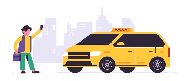 Online taxi objednávání služby. Řidič ve žlutém taxíku, pasažér, převoz lidí. Muž s kufříkem, město, taxík. Vektorová ilustrace izolovaná na pozadí — Stockový vektor