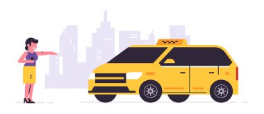 Çevrimiçi taksi sipariş servisi. Sarı taksideki bir şoför, yolcu, insan taşımacılığı. Kız araba, şehir, taksi bekliyor. Vektör illüstrasyonu arkaplanda izole edildi.