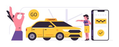 Taksi çağırma mobil uygulama konsepti. Sergilenen bir taksi için başvuru formu olan telefon. İnsanların sarı arabayla taşınması. Kadın yolcu ve el tamam sembolü gösteriyor.