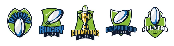 Bir takım logolar, rugby amblemleri. Rugby amblemlerinin renkli bir koleksiyonu. Spor turnuvalarının logoları, ligler, şampiyonluk, şampiyon. Kalkan, top, bardak. Beyaz arkaplanda izole vektör illüstrasyonu — Stok Vektör