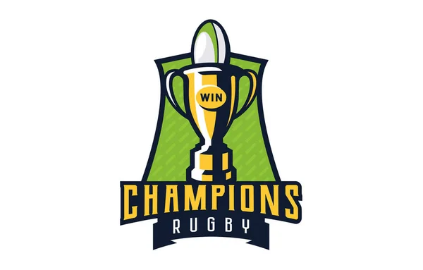 Logo, Emblem der Rugby-Champions. Buntes Emblem der Tasse mit dem Ball auf dem Hintergrund des Schildes. Logo-Vorlage für Rugby-Champions, Meisterschaftssieger, Ligapokalsieger. Vektorillustration — Stockvektor