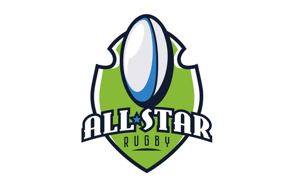 Das Emblem des All-Star-Rugbyspiels. Buntes Emblem des Spiels aller Stars im Rugby. Logo-Vorlage für Sportereignisse. Abzeichen, Symbol, Ball, Schild. Isolierte Vektordarstellung auf weißem Hintergrund — Stockvektor