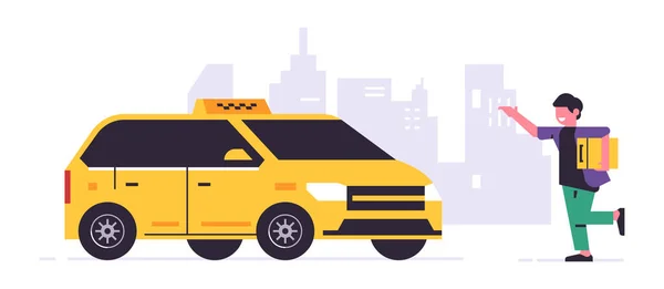 Servizio di ordinazione taxi online. Un autista in un taxi giallo, un passeggero, il trasporto di persone. Un uomo in corsa con una valigia, città, taxi. Illustrazione vettoriale isolata sullo sfondo. — Vettoriale Stock