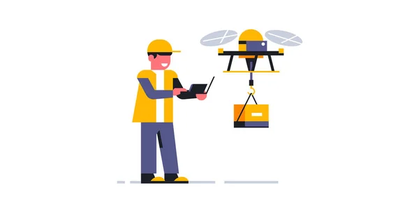 Bir kurye uçan bir dron kullanarak bir paket teslim eder. İnternetten paket teslimatının gelecekteki teknolojileri. İş üniformalı kurye. Kontrol paneli, helikopter, İHA. Vektör illüstrasyonu — Stok Vektör