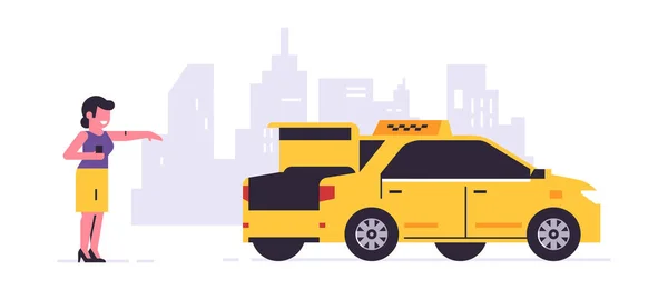 Online taxi besteldienst. Een chauffeur in een gele taxi, een passagier, het vervoer van mensen. Het meisje wacht op de auto, de stad, de taxi. Vectorillustratie geïsoleerd op achtergrond. — Stockvector
