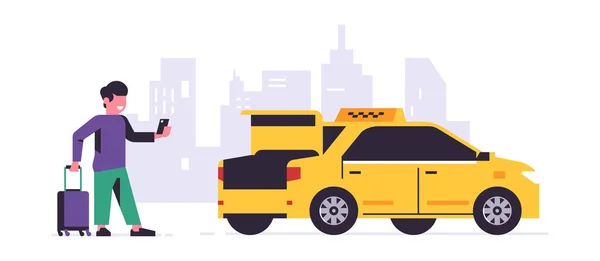 Online taxi objednávání služby. Řidič ve žlutém taxíku, pasažér, převoz lidí. Muž s kufrem, město, taxík. Vektorová ilustrace izolovaná na pozadí. — Stockový vektor
