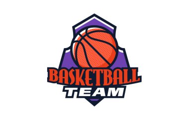 Logo, basketbol amblemi. Kalkanın arka planında renkli basketbol topu amblemi. Spor kulübü, takım logosu şablonu. Rozet, ikon, top, kalkan. İzole vektör illüstrasyonu.
