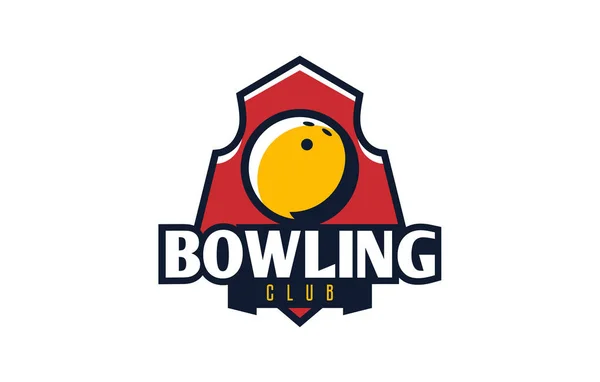 Logo de bowling, emblème. Emblème coloré de boule de bowling sur le fond du bouclier. Club de sport, modèle de logo d'équipe. Badge, icône, balle, sphère. Illustration vectorielle isolée sur fond blanc — Image vectorielle