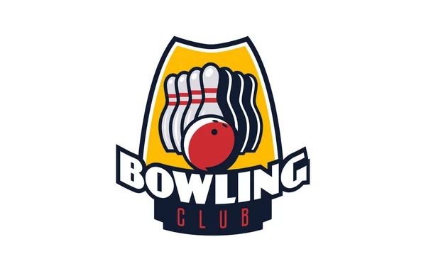 Logo de bowling, emblème. Emblème coloré de boule de bowling et de quilles sur le fond du bouclier. Club de sport, modèle de logo d'équipe. Insigne, icône, balle, sphère, épingle. Illustration vectorielle isolée — Image vectorielle
