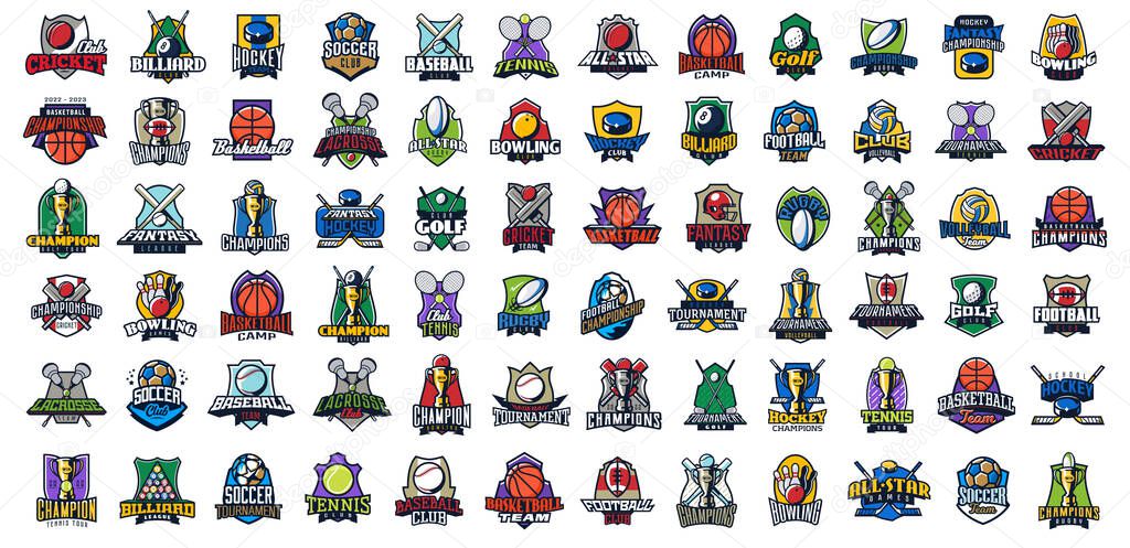 Huge set of sports logos. Emblems soccer, basketball, cricket, hockey, baseball, american football, tennis, volleyball, rugby, soccer golf lacrosse bowling billiards balls Vector illustration