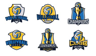 Set of logos, emblems of volleyball. Colorful collection of volleyball emblems. Logo template for sports tournaments, sports leagues, championship, champion cup, club, ball. Vector illustration clipart