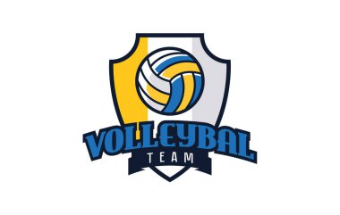 Voleybol logosu, amblem. Kalkanın arka planına karşı topun renkli amblemi. Spor kulübü logosu şablonu, voleybol takımı. Rozet, ikon, top, kalkan. İzole vektör illüstrasyonu