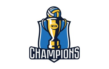 Voleybol şampiyonu logosu, amblemi. Kalkanın arka planında top olan renkli bir kupa amblemi. Voleybol şampiyonları logo şablonu, şampiyonlar, lig kupası. Vektör illüstrasyonu