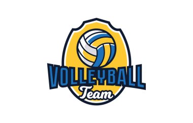 Voleybol logosu, amblem. Kalkanın arka planına karşı topun renkli amblemi. Spor kulübü logosu şablonu, voleybol takımı. Rozet, ikon, top, kalkan. İzole vektör illüstrasyonu