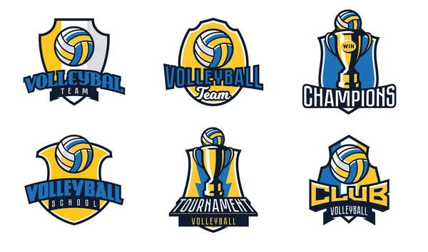 Set of logos, emblems of volleyball. Colorful collection of volleyball emblems. Logo template for sports tournaments, sports leagues, championship, champion cup, club, ball. Vector illustration — Stock Vector