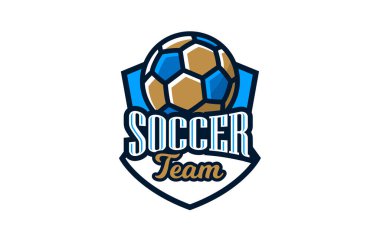 Logo, futbolun amblemi. Kalkanın arka planında futbol topunun renkli amblemi. Futbol kulübü logosu şablonu, futbol takımı. Rozet, ikon, top, kalkan. İzole vektör illüstrasyonu