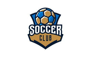 Logo, futbolun amblemi. Kalkanın arka planında futbol topunun renkli amblemi. Futbol kulübü logosu şablonu, futbol takımı. Rozet, ikon, top, kalkan. İzole vektör illüstrasyonu