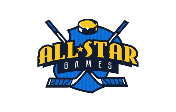 All-Star Buz Hokeyi Maçı amblemi. Yıldızların buz hokeyi maçının renkli simgesi. Spor etkinliği logo şablonu. Rozet, ikon, disk, sopa, kalkan. İzole vektör illüstrasyonu — Stok Vektör