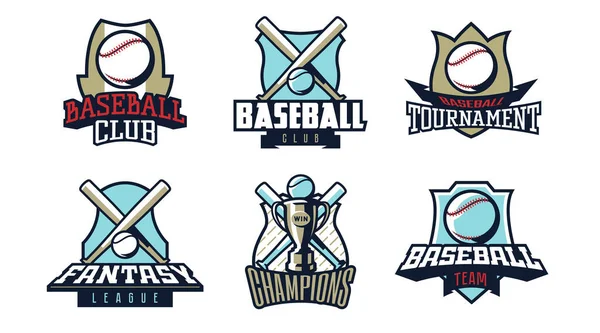 Set of logos, baseball emblems. Colorful collection of baseball emblems. Logo template for sports american tournaments, sports leagues, championship, champion cup, club. Ball, bat. Vector illustration