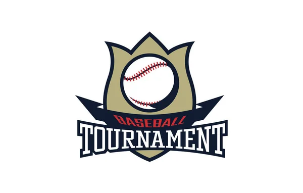 Logo du tournoi de baseball, emblème. Emblème coloré du championnat avec la balle sur le fond du bouclier. Modèle de logo de tournoi de baseball, softball sport. Illustration vectorielle isolée — Image vectorielle