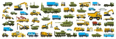 Bir set inşaat ve askeri ekipman. Nakliye koleksiyonu. Askeri araçlar, tanklar, inşaat malzemeleri. Vektör illüstrasyonu beyaz arkaplanda izole edildi