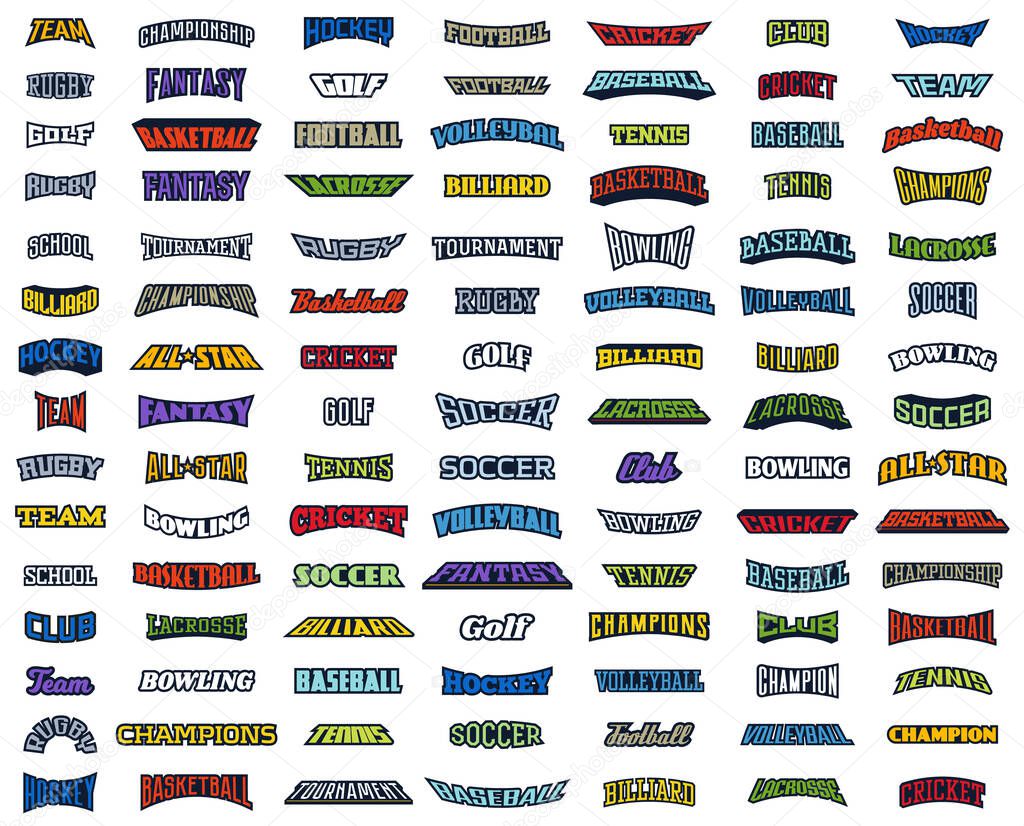 Set of inscriptions for sports logos. Font for sports emblems of clubs, championship, tournaments. Basketball, soccer, football, hockey, baseball, tennis, volleyball, cricket. Vector illustration.