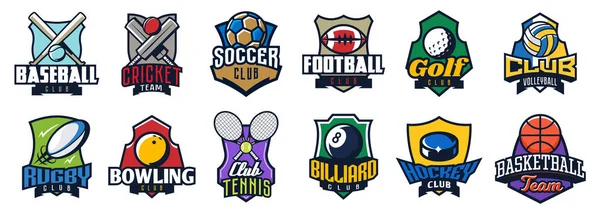 スポーツロゴのセット。サッカー、バスケットボール、クリケット、ホッケー、野球、アメリカンフットボール、テニス、ラグビー、サッカー、ゴルフ、ラクロス、ボウリング、ビリヤード、ボール、バットを埋め込みます。ベクターイラスト — ストックベクタ