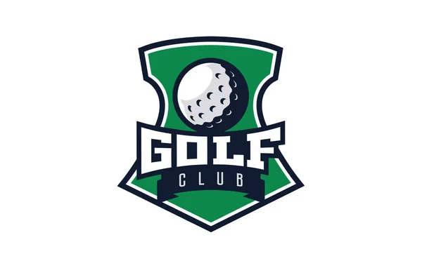 Logo, emblema del golf. Colorato logo pallina da golf sullo sfondo dello scudo. Club sportivo, modello logo di squadra. Badge, icona, palla, scudo. Illustrazione vettoriale isolata su sfondo bianco — Vettoriale Stock