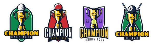 Champions Emblem gesetzt. Cup-Logo für Tennis, Golf, Bowling, Billard. Logo-Vorlage für Sportturniere. Abzeichen, Symbol, Ball, Schild. Isolierte Vektordarstellung auf weißem Hintergrund — Stockvektor