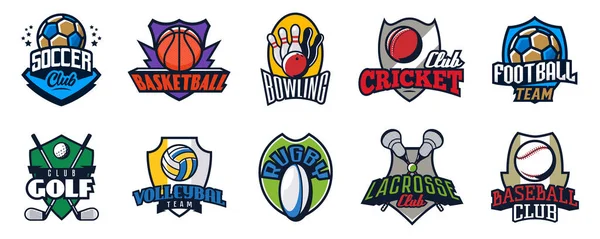 Logos von Sportmannschaften. Sammlung von Club-Emblemvorlagen für Fußball, Fußball, Basketball, Cricket, Baseball, Volleyball, Rugby, Lacrosse, Golf, Bowling. Vektorillustration — Stockvektor