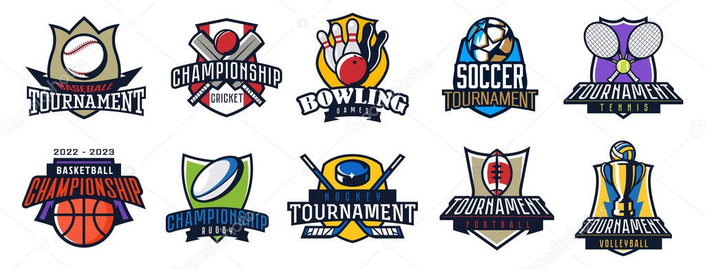Set of logos of sports tournaments. Emblems of sports tournaments in basketball, soccer, football, ice hockey, cricket, American football, volleyball, rugby, tennis, bowling. Vector illustration.