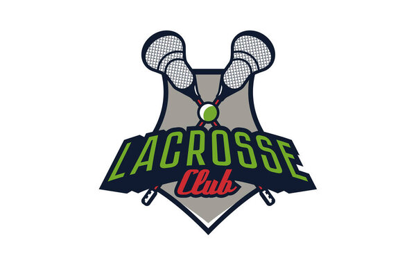 Логотип, эмблема лакросса. Красочная эмблема мяча и палочки на фоне щита. Шаблон логотипа спортивного клуба, команда по лакроссу. Значок, значок, мяч, палки, щит. Векторная иллюстрация