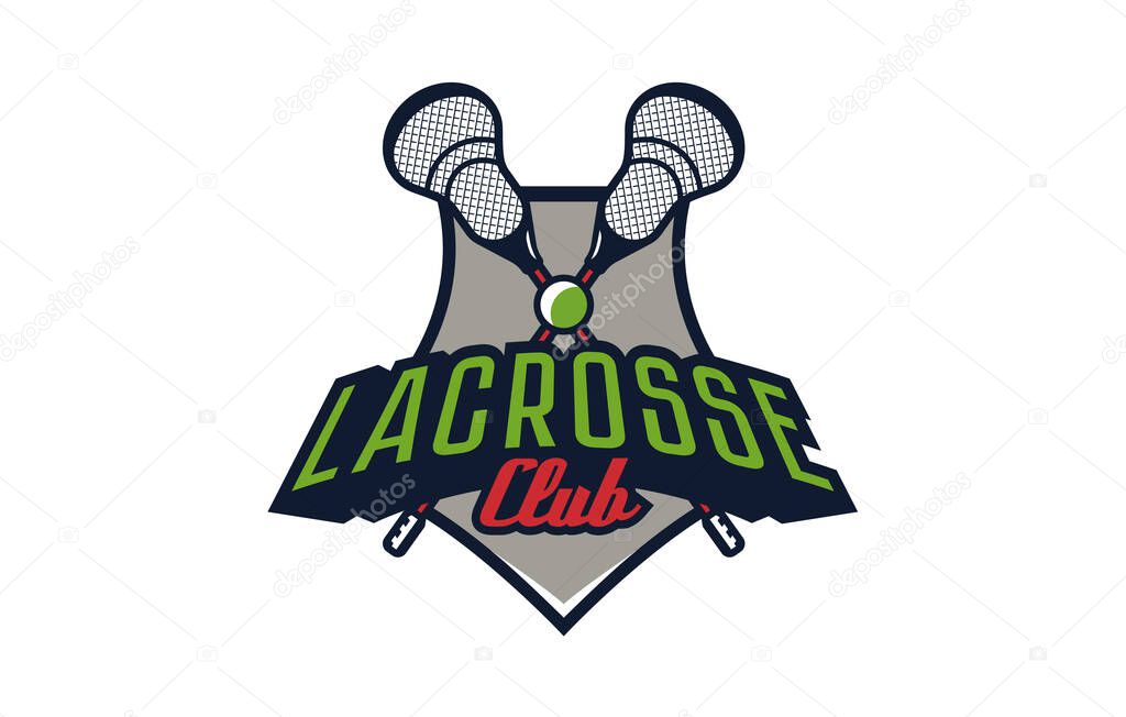 Logo, lacrosse emblem. Colorful emblem of the ball and sticks on the background of the shield. Sports club logo template, lacrosse team. Badge, icon, ball, sticks, shield. Vector illustration.