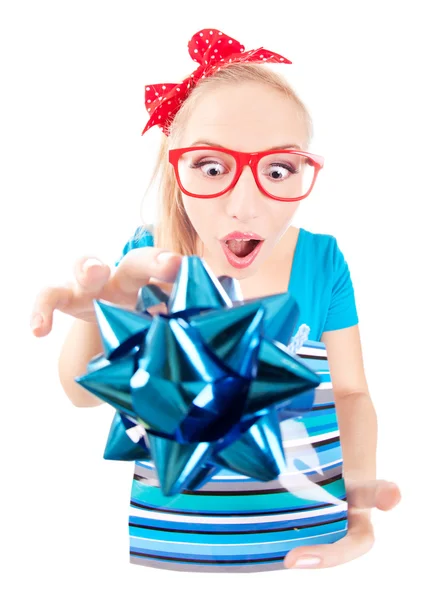 Funny girl excited by getting a present — Stock Photo, Image