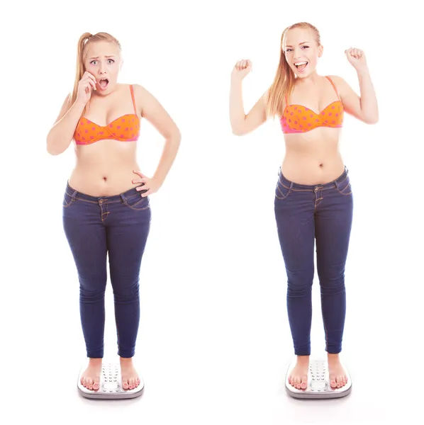 Before and after a diet, girl on a bathroom scale — Stock Photo, Image