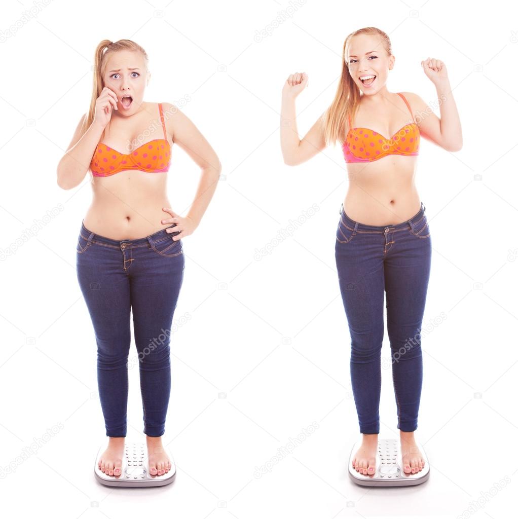 Before and after a diet, girl on a bathroom scale