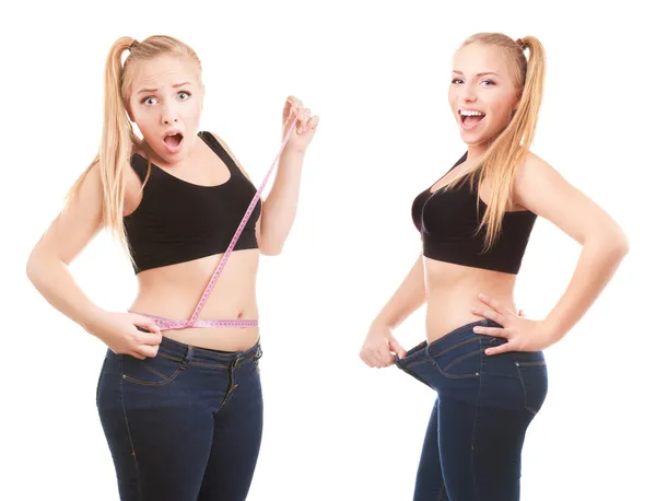 Girl Before and after a diet — Stok fotoğraf