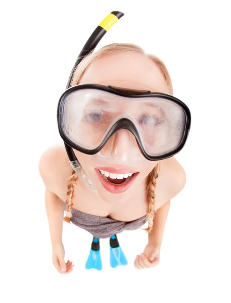 Silly snorkeler girl with mask fogging up — Zdjęcie stockowe