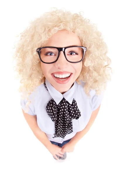 Divertido concepto de mujer de negocios, retrato de lente de ojo de pez — Foto de Stock